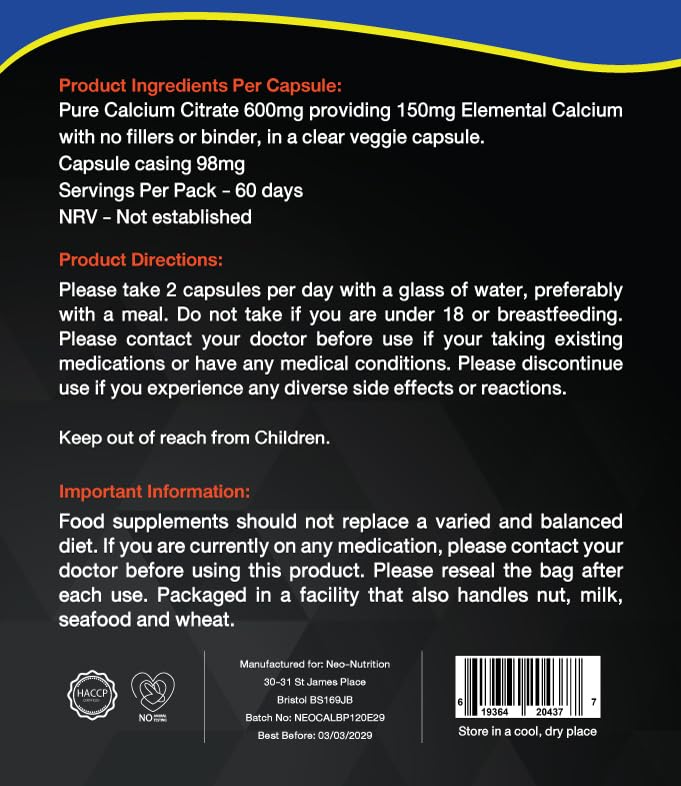 Neo Calcium Citrate Capsules - High Dose of Pure Calcium Citrate for Strong Bones & Teeth - 120 Capsules - Vegan & Additive-Free 120 count (Pack of 1)