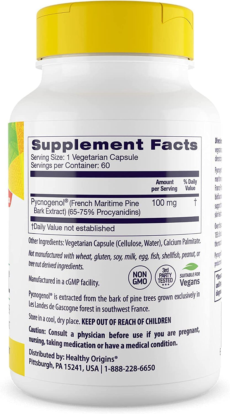 [Australia] - Healthy Origins Pycnogenol 100 mg - Premium Pine Bark Extract - French Maritime Pine Bark Extract for Heart Health, Skin Care & More - Gluten-Free & Non-GMO Supplement - 60 Veggie Caps 60 Count (Pack of 1) 