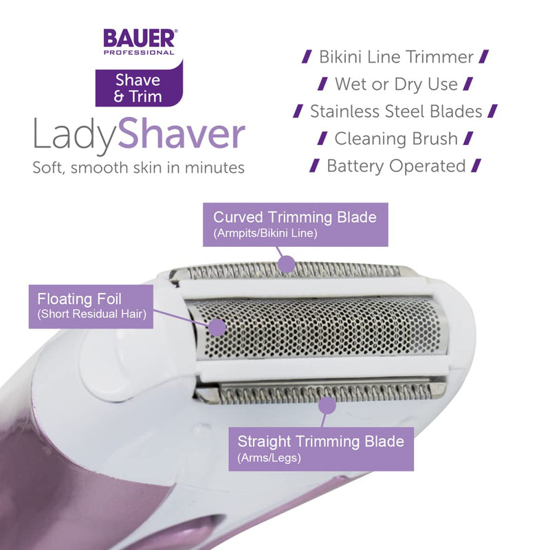 [Australia] - Bauer Professional 38730 Soft & Smooth Lady Shaver/Painless Hair Removal/Arms, Legs and Bikini Trimmer/Battery Operated/Wet and Dry Shaving/Bikini Trimmer Attachment/ 