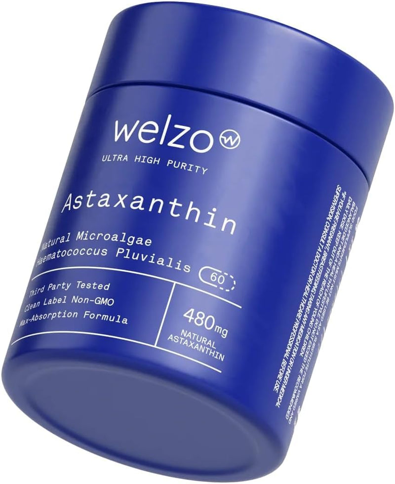 Welzo Ultra High Purity Astaxanthin 480mg – Natural Microalgae Haematococcus Pluvialis – Powerful Antioxidant for Radiant Skin, Eye & Immune Support – 60 Capsules