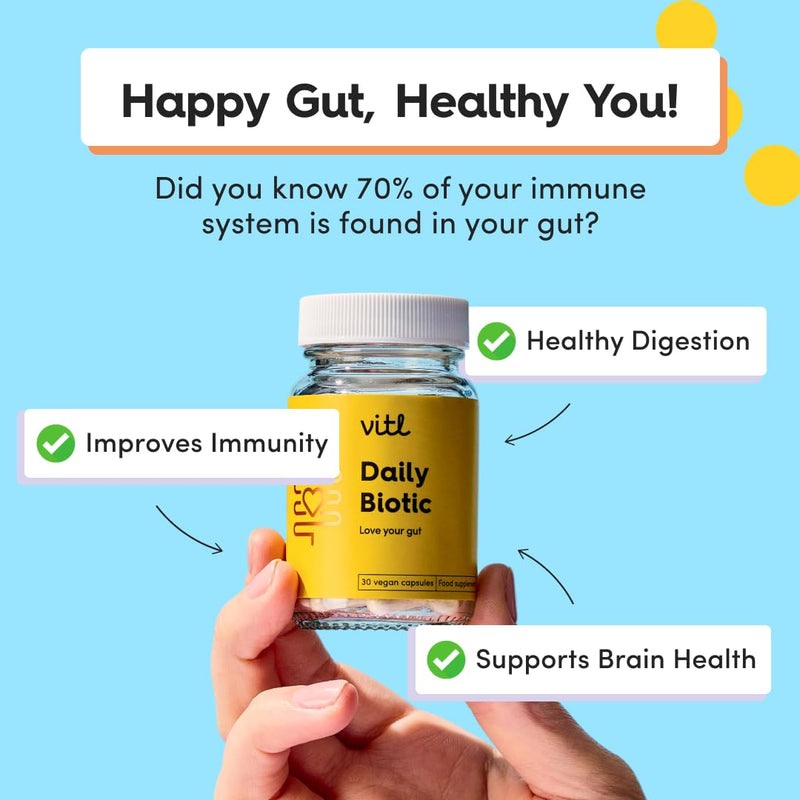 Vitl Daily Biotic with 9 Probiotic Strains - 30 Vegan Capsules - Probiotic with a Complex Blend of Gut Friendly Bacteria - Restore Balance in the Gut & Aid Digestion - 1 Month Supply 30 count (Pack of 1)