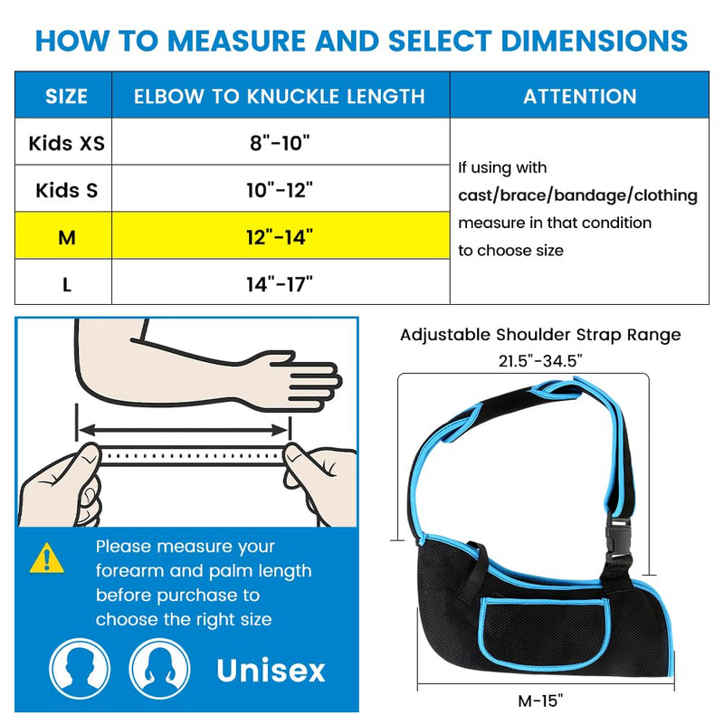 Arm Sling Shoulder Immobilizer for Men and Women, Adjustable Rotator Cuff Support Brace, Fit Left or Right, Comfortable Medical Slings for Elbow and Wrist Injury, Forearm Fracture, Surgery Recovery M (12–14") Black/Blue 1