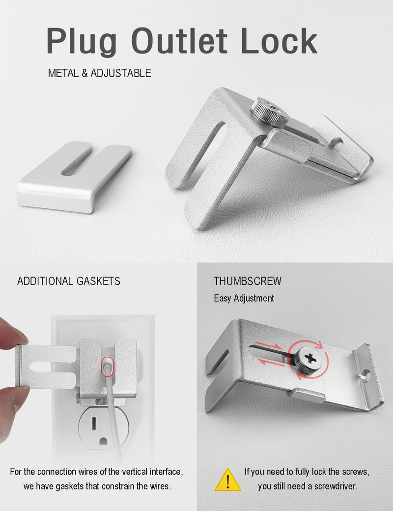 [Australia] - Charger Lock to Outlet, ILIVABLE Adjustable Metal Outlet Lock, Firmly Secures Power Plug from Unplugging (Silver, 1 Pack) Silver, 1 Pack 