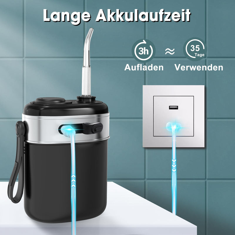 [Australia] - Travel Oral Irrigator Wireless, Mini Portable Water Flosser, Nimmu Oral Irrigator Small Travel Electric Tooth Cleaner Unlimited Gear Adjustment & 3 Nozzles, Electric Tooth Cleaning, 35 Day Running Time Black 
