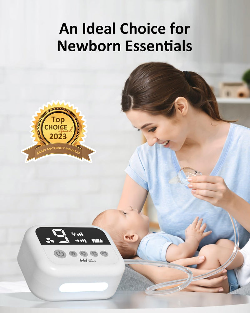 [Australia] - HEYVALUE Nasal Aspirator for Baby, Hospital Grade Nose Sucker with 9 Levels Suction, Night Light and Nursery Rhyme Soothing Function, Electric Nose Suction for Baby with Food-Grade Silicone Tips White 