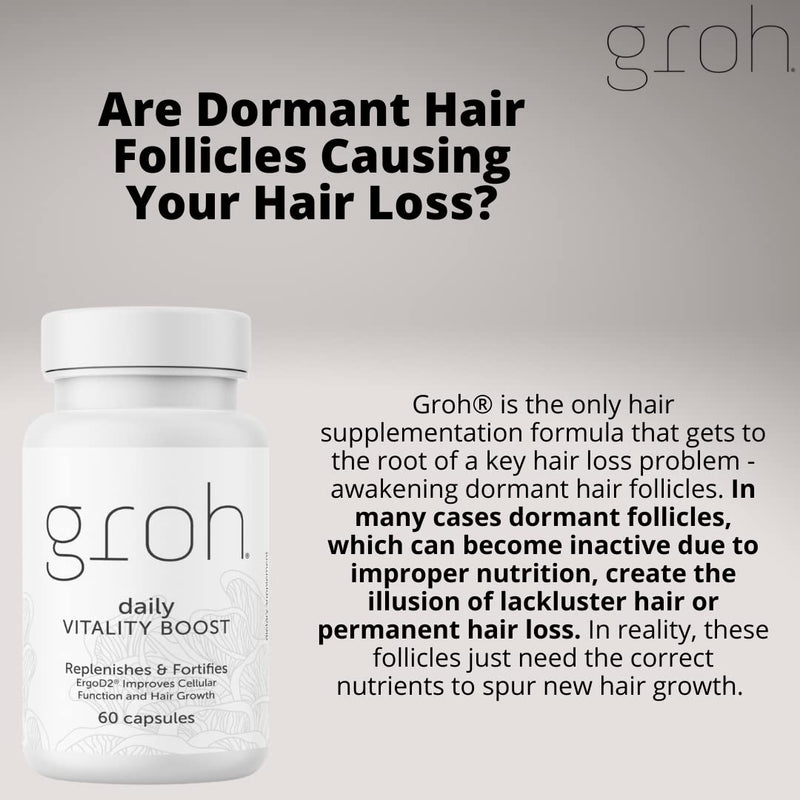 Groh Daily Vitality Boost - All Natural Hair Growth Supplement powered by ErgoD2 - Rich in Antioxidants - Vitamins for Stronger Hair, Skin & Nails- Best Choice for Thinning Hair - 60 Count
