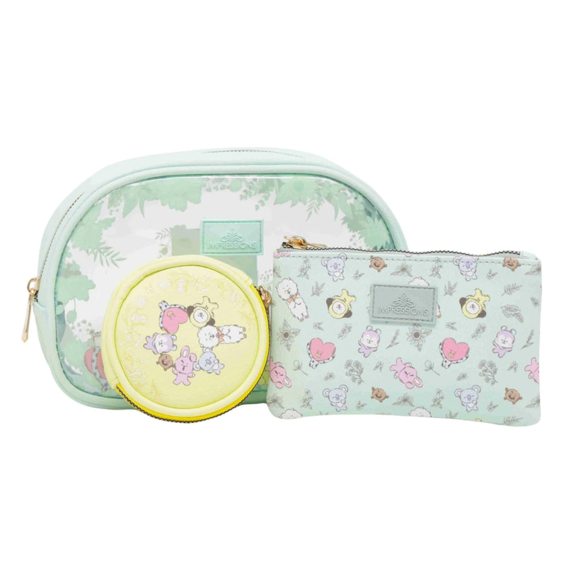 Impressions Vanity BT21 2-Bundle Set: 3 PC Makeup Bag Set with Large, Medium and Small Pouches and 7 PC BT21 Makeup Brush Set with Natural Garden Design Handles