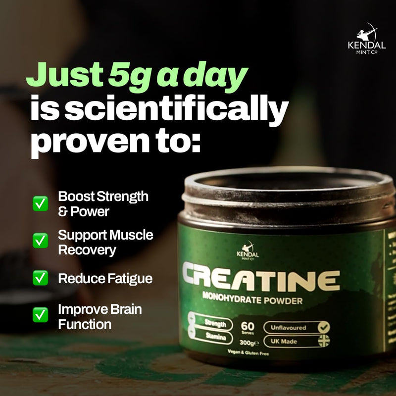 KMC Creatine Monohydrate Powder, 100% Pure UK Made, 300g, 60 Servings, 5g serving, Unflavoured, Easy Mix, Vegan Gluten Free -Supplement for performance, strength workouts & cognition by Kendal Mint Co