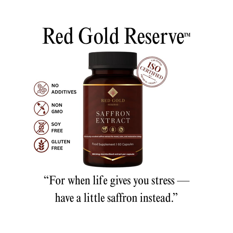 Red Gold Reserve Pure Saffron Extract Supplement | RedGold88™ | 88.5 mg | 60 Capsules (2-Month Supply) | Mood Support, Mental Clarity & Relaxation | Premium Herbal Supplement (1) 1