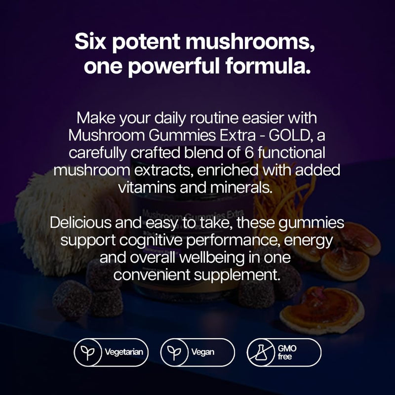 Mushroom Gummies Extra - GOLD Innovation, Potent Multi-Mushroom Complex, Lion's Mane, Reishi, Cordyceps, Chaga, Tremella, Maitake, Zinc, Vitamins B3, B5 & B12, 40 Gummies, Blackcurrant | Protein Works