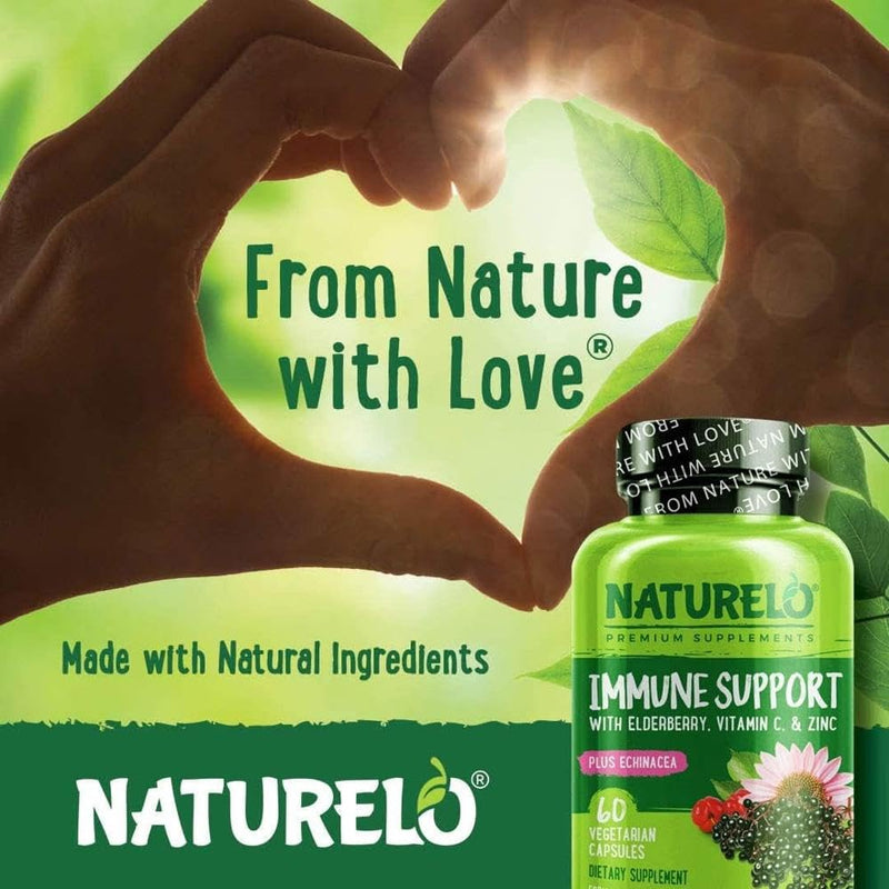 NATURELO Immune Support – Vitamin C, Elderberry, Zinc – Best Natural Vitamin C Boost with Antioxidant, Herbal & Mineral Defense - 60 Vegan Capsules | 2 Month Supply