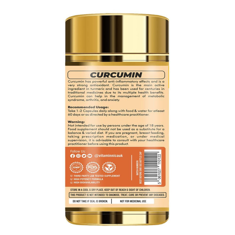 Vitaminnica Curcumin 95 | High Strength Curcumin Capsules containing 96.9% Curcuminoids and Black Pepper Extract | 500mg x 60 Veg Capsules | Joint Health