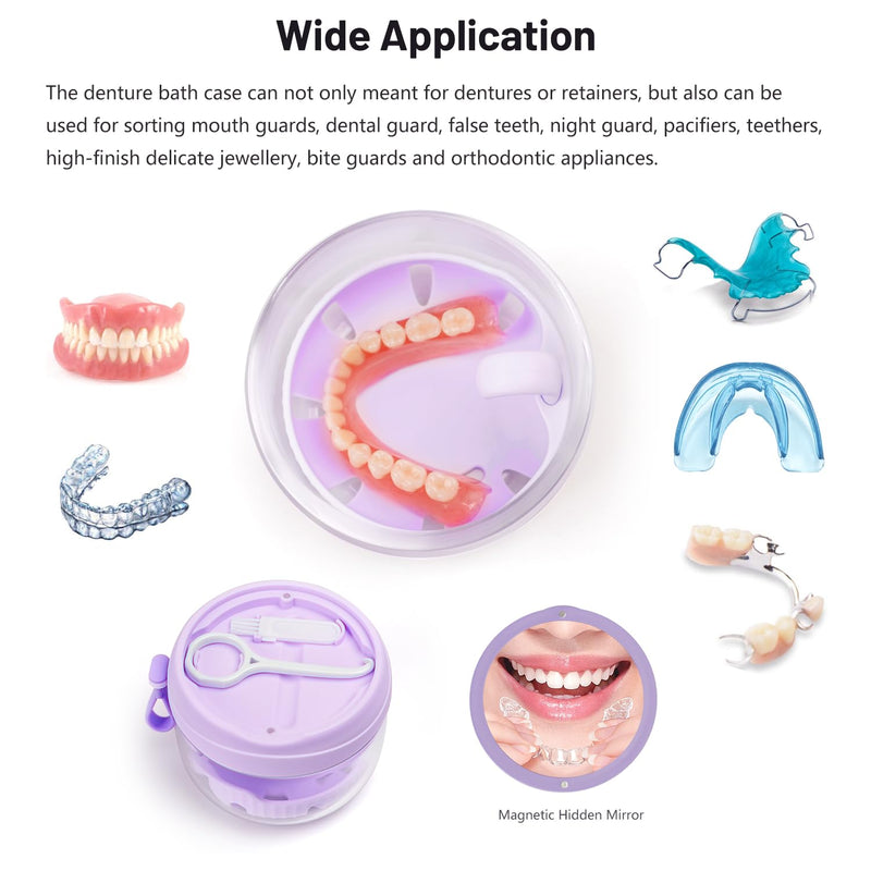 [Australia] - Denture Case with Strainer and Mirror, Leak Proof Denture Bath Cup for Travel, Purple Denture Container Cups for Soaking Full & Partial Dentures, Retainers with Denture Brush, Aligner Removal Tool 