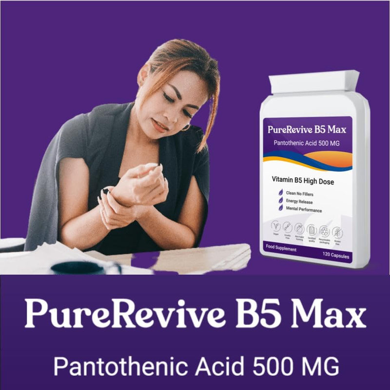 PureRevive High-Potency Vitamin B5 500mg - Advanced Pantothenic Acid Formula for Enhanced Metabolism, Skin & Joint Support | Non-GMO, Gluten-Free | Made in UK (60) 60