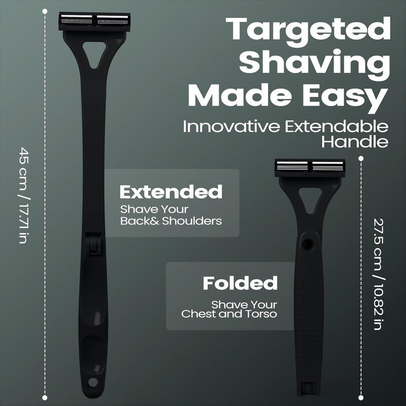 Back Shavers for Men with Foldable Long Ergonomic Handle: DIY Hair Shaver, Replaceable Safety Blade & Portable Razor Groomer for Men, Wet & Dry Shaving-Black (8PCS Blades Included) Black
