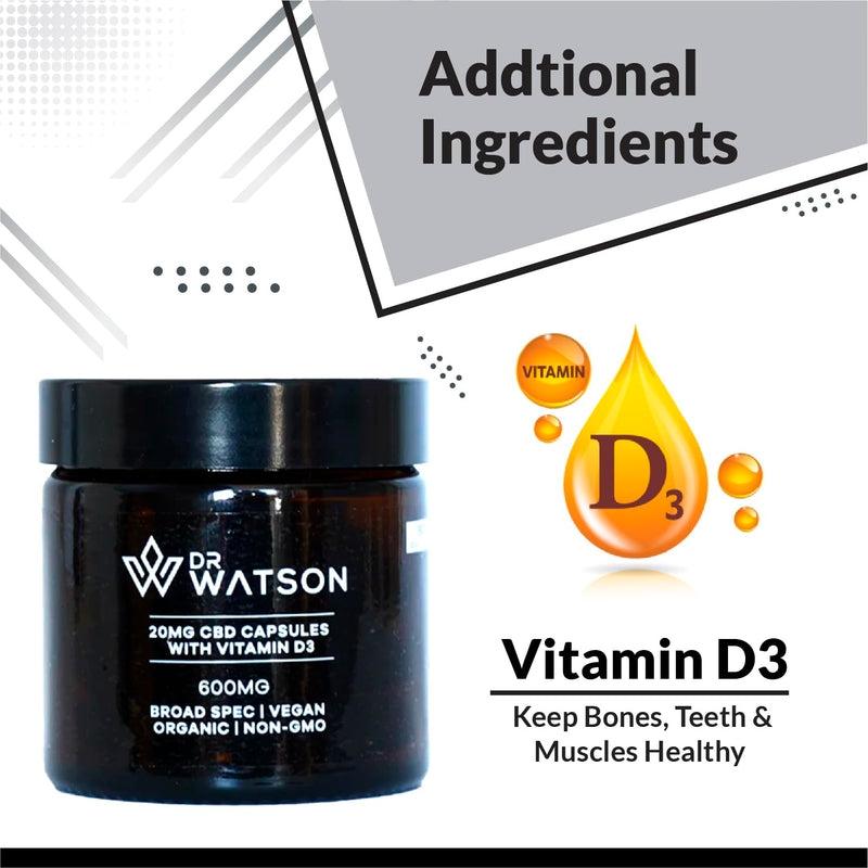 Capsules by Dr Watson | 600mg Container | 30 Capsules 20mg | with Vitamin D for Added Daily Support