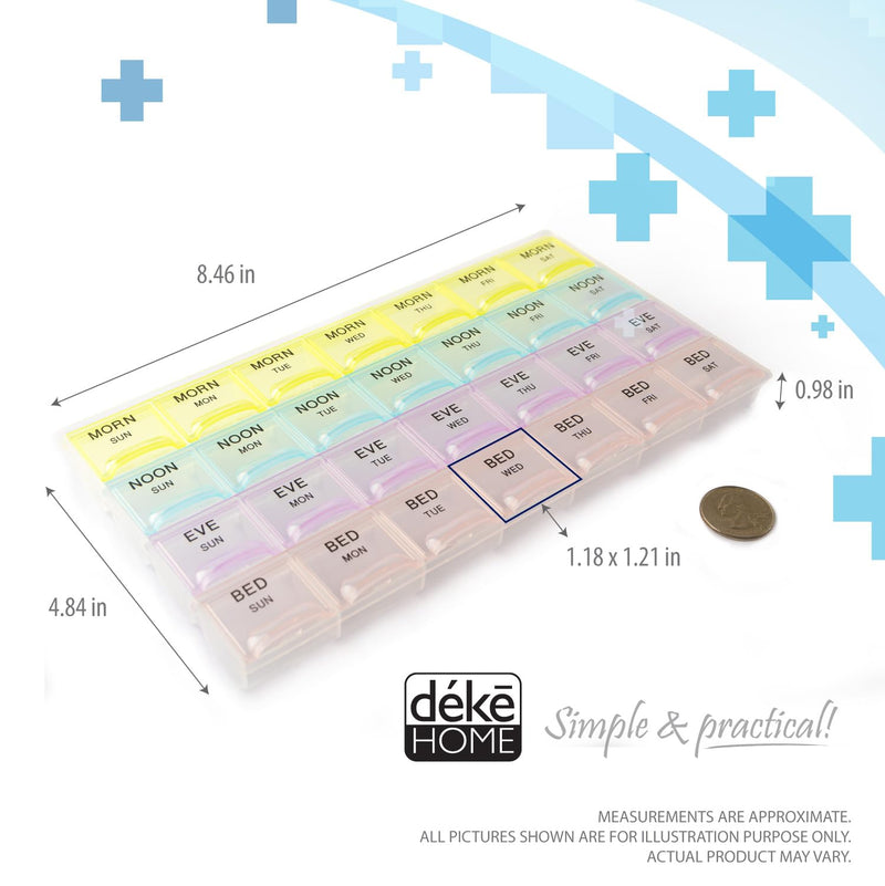 Deke Home - Pill Organizer 4 Times a Day, Weekly Medicine Box with Morning, Noon, Evening, Bed Compartments, Large, Translucent, Easy-to-Open Pill Case, 7-Day Travel Medication Organizer for Vitamins. 1 Count (Pack of 1)