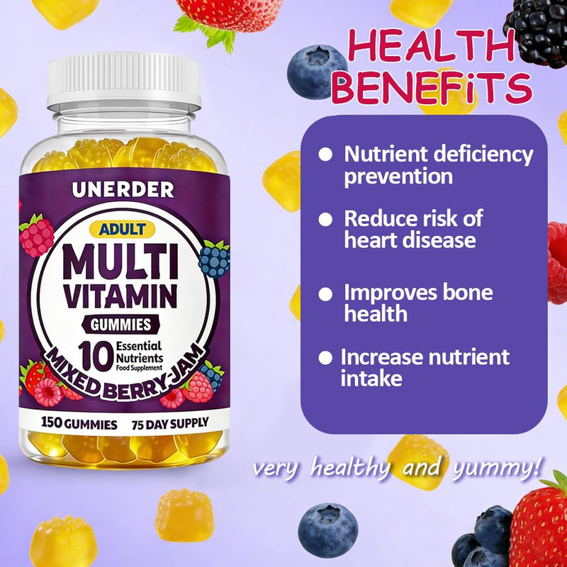 Multivitamin Gummies for Adults, Chewable Multivitamins for Men & Women, with Vitamin C, B6, B12, etc, Essential Vitamin Complex, Immune Defense and Energy Enhancement, 150 Gummies, 2.5 Month Supply.