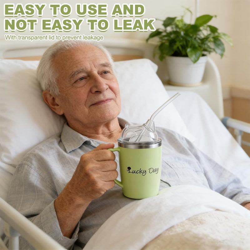 3 in 1 Beakers for Elderly 350ml, Non Spill Cups for Elderly, with 30cm Long Straw, Handle and Leakproof Lid, Adult Sippy Cups for Bedridden Seniors, Dysphagia & Disability Care Green