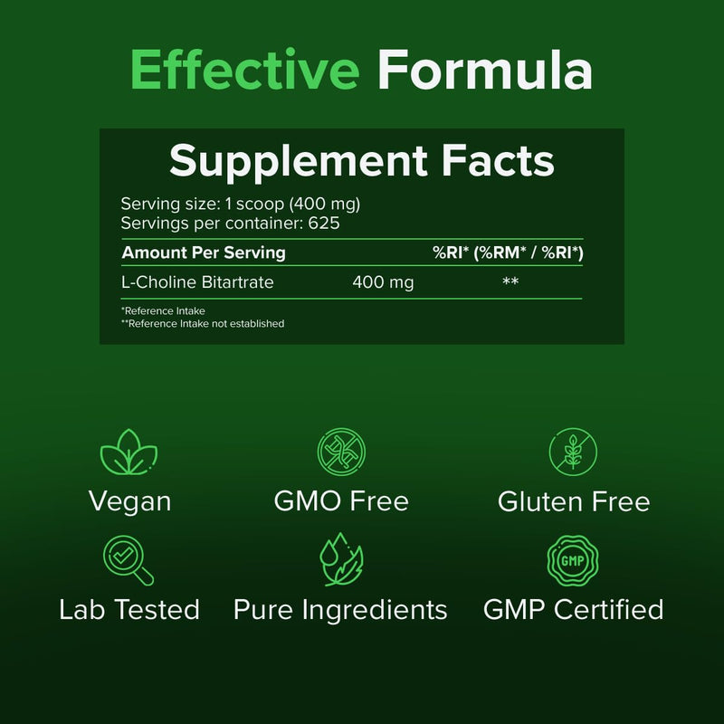 Choline Bitartrate Powder 250g | High Strength Choline Supplement | Supports Liver Function, Lipid & Homocysteine Metabolism | Pure Powder | Raw Powders