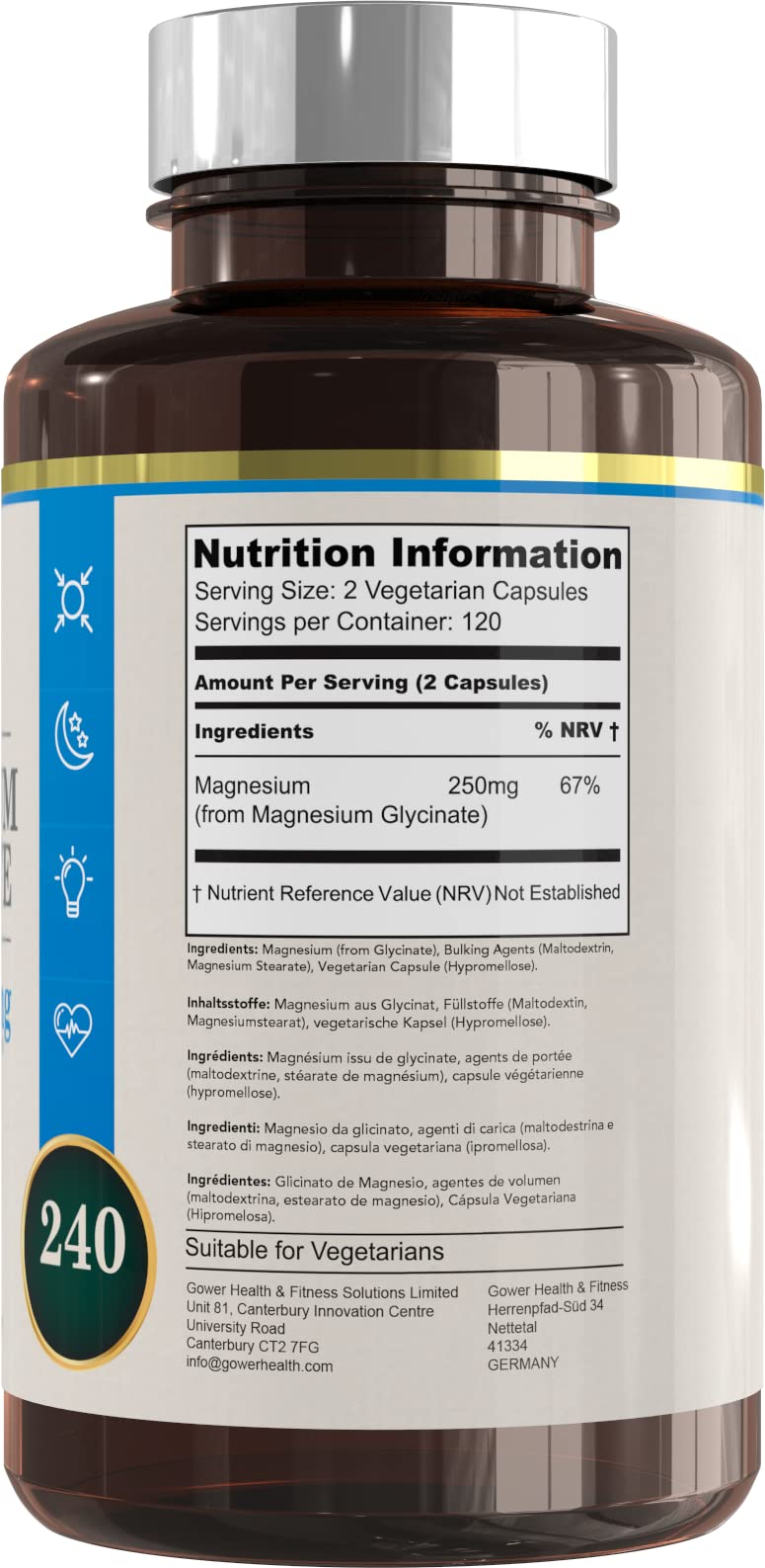 GH Magnesium Glycinate - 250mg Magnesium Bisglycinate per Serving - 240 Glycinate Supplements | Mag Glycinate High Strength Capsules | Non-GMO & Allergen Free | Made in The UK 240 count (Pack of 1)
