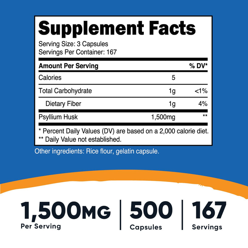 Nutricost Psyllium Husk 1500mg Per Serving, 500 Capsules - Non-GMO & Gluten Free 500 Count (Pack of 1)