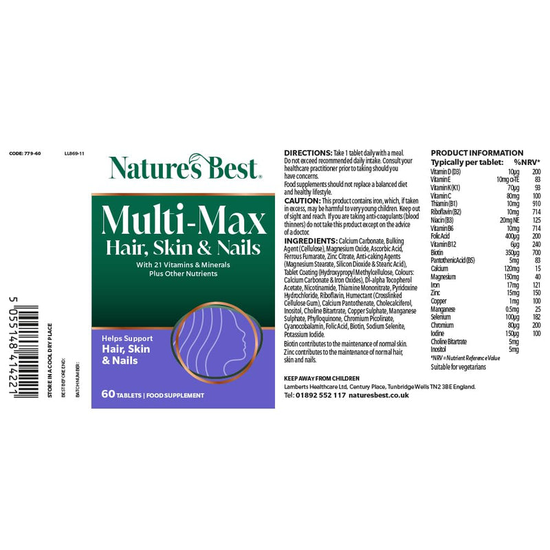Nature's Best Multi-Max Multivitamin for Hair, Skin & Nails - with Biotin, Selenium & Zinc - Triple Action Support - UK Made - 60 Tablets (2 Months' Supply) 60 count (Pack of 1)