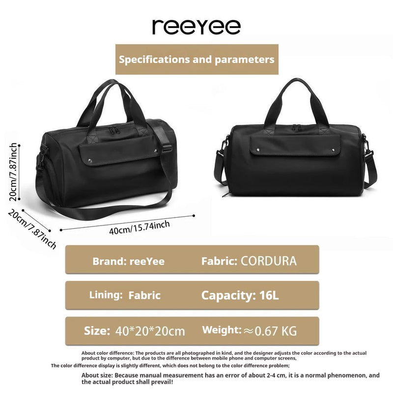 reeyee 16L Cordura Gym Duffel Bag with Shoe Compartment, Black | Compact 16L Cordura gym duffel with separate shoe compartment, water-resistant fabric, luggage sleeve and shoulder strap.