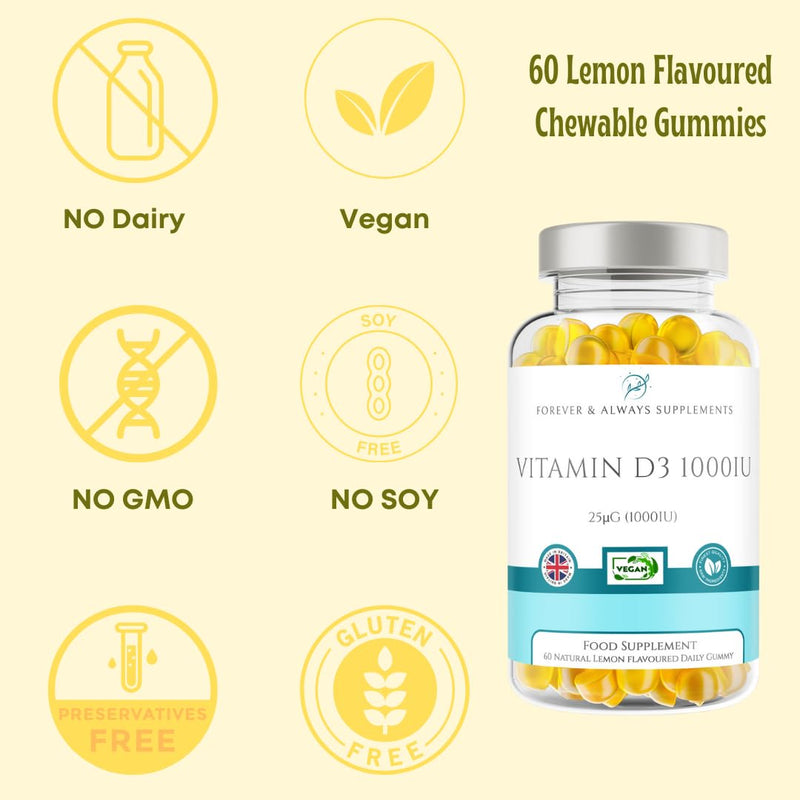 Vitamin D3 1000iu / 25μg Gummy - Adults & Children 12+ Years - 60 x High Strength Lemon Flavour Gummies - 2 Months Supply - Vitamin D Supplement Teeth, Bone, Muscles & Immune System Support