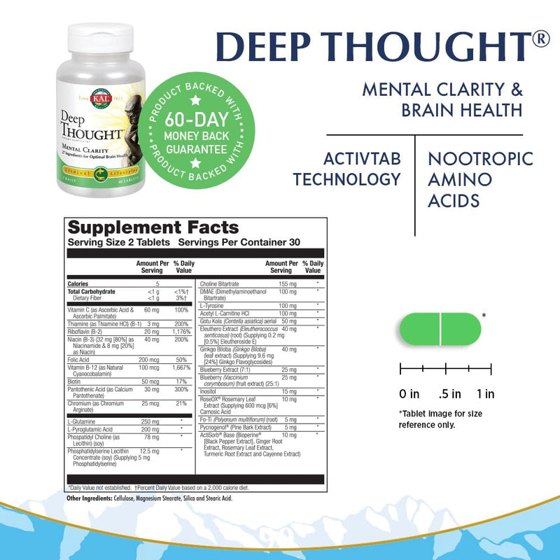 KAL Deep Thought for Men & Women, 30 Servings, 60 Tablets | Nerve Function and Nervous System Health Support with Riboflavin (Vitamin B2) - DMEA, B Vitamins and Amino Acids Support