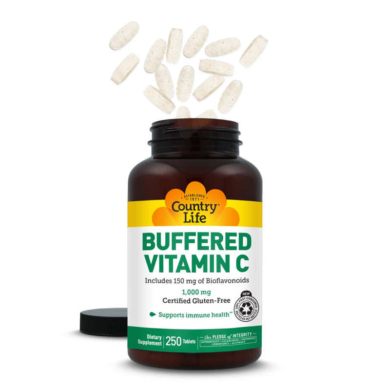 Country Life Buffered Vitamin C 1000 mg, 250 Tablets | Gentle one-tablet formula 150 mg lemon bioflavonoids, rose hips, calcium and magnesium for daily immune support 250 Count (Pack of 1)
