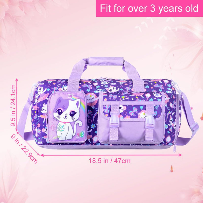Kids Cat Duffle Bag for Girls, Water-Resistant Travel & Weekender Bag with Shoe Compartment for Sports, Gym & Sleepovers Cute Cat Duffle Bag Purple