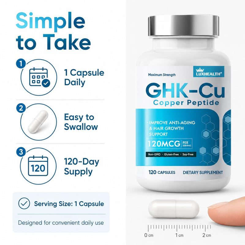 GHK-Cu Copper Supplement, 120 Vegan Capsules, High Potency 120mcg, Supports Collagen Production, Skin Elasticity, Anti-Aging & Hair Growth, Non-GMO, Gluten-Free & Clean Label 120 count (Pack of 1)