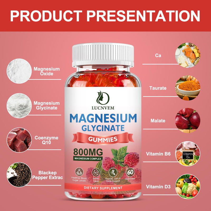 Sugar Free Magnesium Glycinate Gummies, 500mg Magnesium Glycinate with 200mg Magnesium Malate, Taurate, Oxide, COQ10, Vitamin B6 and D3, Relaxation, Calm Mood, 60 Raspberry Gummies(3 Pack) 60 Count (Pack of 3)