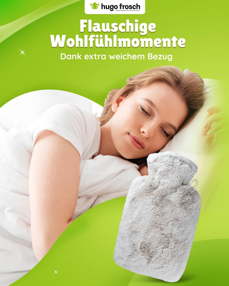[Australia] - Hugo Frosch hot water bottle classic 1.8 l with long-hair fleece taupe cover 