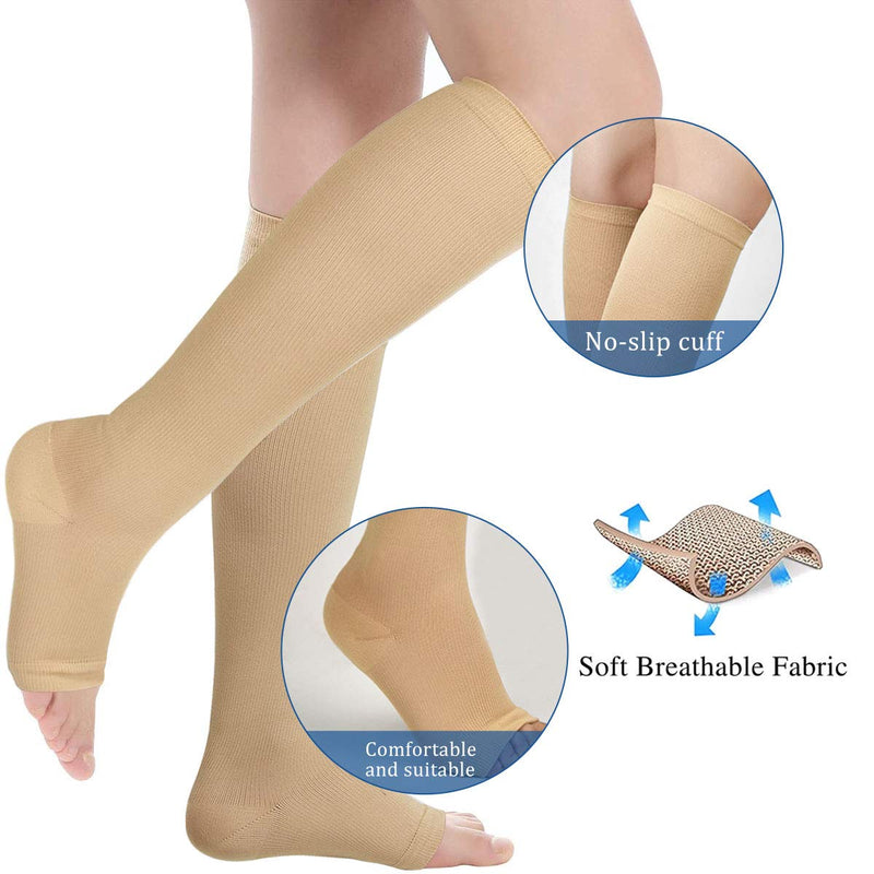 [Australia] - Ikfashoni 3 pairs of compression stockings for women and men, medical knee socks without toe, beige thrombosis stockings, support stockings for graduated varicose veins, blood circulation, S-M, cream white 