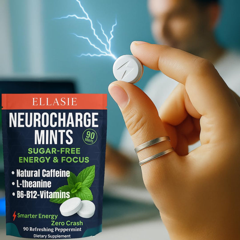 NeuroCharge Bullet Mint Chews (Gum Alternative) Peppermint 90 Sugar Free | 80mg Natural Caffeine + 120mg L-Theanine per Serving | Vitamin B12 & B6 | Work Study Gym Gaming | Ellasie