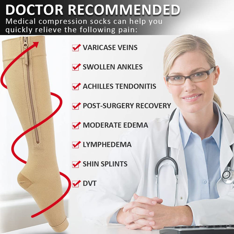 [Australia] - Ailaka Medical Compression Socks with Zipper, Knee High 15-20 mmHg Compression Socks for Women Men, Open Toe Support Socks for Varicose Veins, Edema, Recovery, Pregnant, Nurse X-Large (1 Pair) Beige 