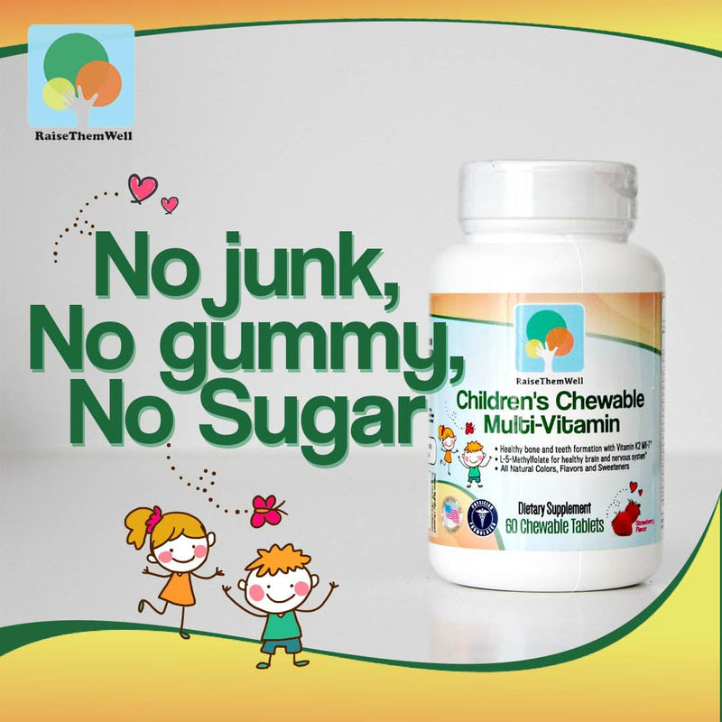 Raise Them Well Kids Multivitamin | Daily Vitamin Nutrition | 60 Tablets | Provides 20 essential vitamins and minerals with K2, methylfolate and methyl B12 | Naturally sweetened strawberry chewables