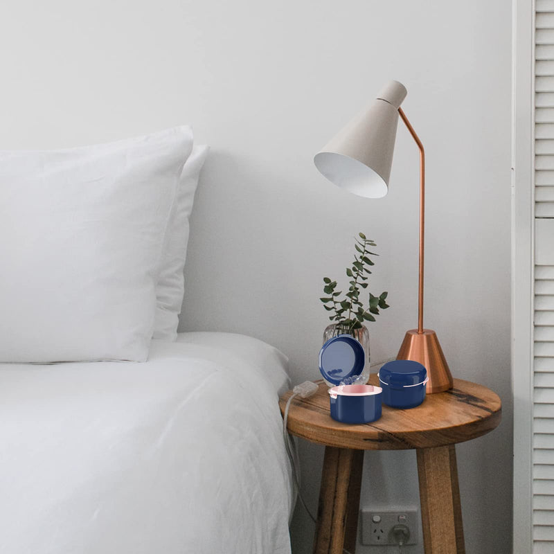 2 Pack Denture Case with Strainer Basket, Denture Cup, Retainer Case, Denture Bath Box, False Teeth Container for Travel Cleaning (Blue) Blue