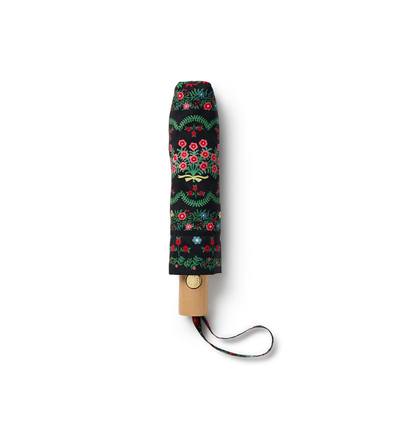 RIFLE PAPER CO. Rosette Umbrella with Matching Patterned Storage Sleeve | Automatic Open & Close Function, 43" Open Diameter, 11" Closed Length, Wooden Handle, Wrist Strap, Folds to Portable Size