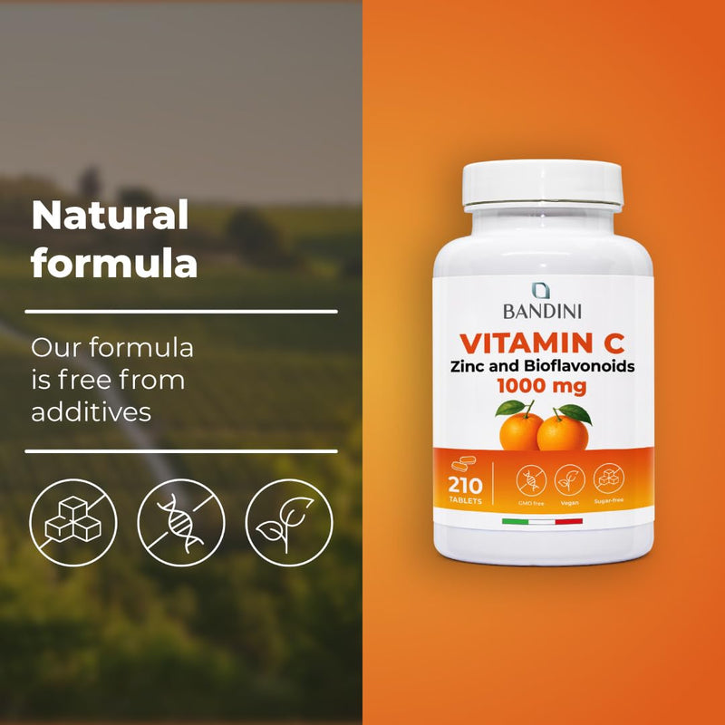 Bandini® Vitamin C 1000mg + Zinc + Bioflavonoids | 1 Tablet per Day | Supports Immune System & Reduces Fatigue | Skin, Bones, Nails, Hair | High Strength Supplement with Pure Vit C | 210 Vegan Tablets