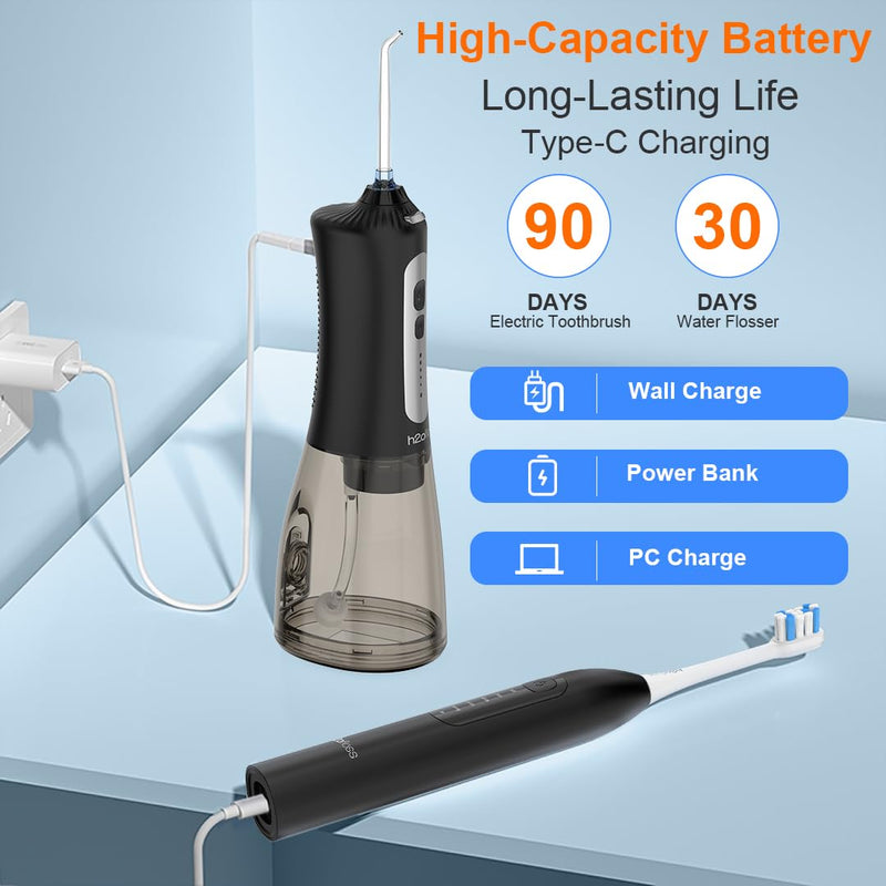 [Australia] - H2ofloss Sonic Electric Toothbrush and Water Flosser Combo, Rechargeable 2000mAh Toothbrush and 2500mAh Oral Irrigator with 300ml Tank, 4 Brush Heads, 5 Nozzles, 2 in 1 for Home and Travel (Black) Black 