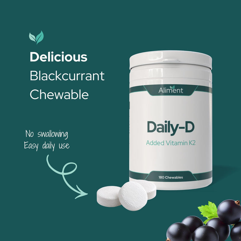 Aliment Daily-D Vitamin D3 1000IU + K2 Chewable Tablets - Blackcurrant Flavour - Immune, Bone & Muscle Support - Easy Daily Vitamin D Supplement - 180 Chewables 180 count (Pack of 1)
