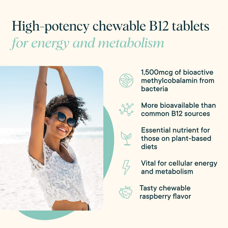 Ora Organic Vitamin B12 1500mcg - Plant-Based methylcobalamin for Adults - Natural Stimulant-Free Energy, Raspberry Flavor chewable Tablets, no Added Sugar - 30 Tablets 30 Count (Pack of 1)