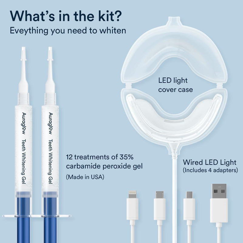 Auraglow Plug-in LED Teeth Whitening Kit – Wired Light Device – 35% Carbamide Peroxide Gel – 12 Treatments – at-Home Tooth Whitening System – Enamel-Safe at-Home Whitening for Coffee & Tea Stains Spearmint