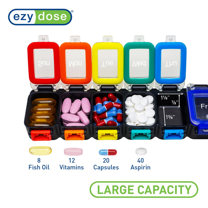 Ezy Dose Weekly (7-Day) Pill Organizer, Medicine Planner, Rainbow/Black | Daily Vitamin & Supplement Case, Waterproof Locking Compartments to Secure Prescription Medication, Travel-Friendly, BPA-Free