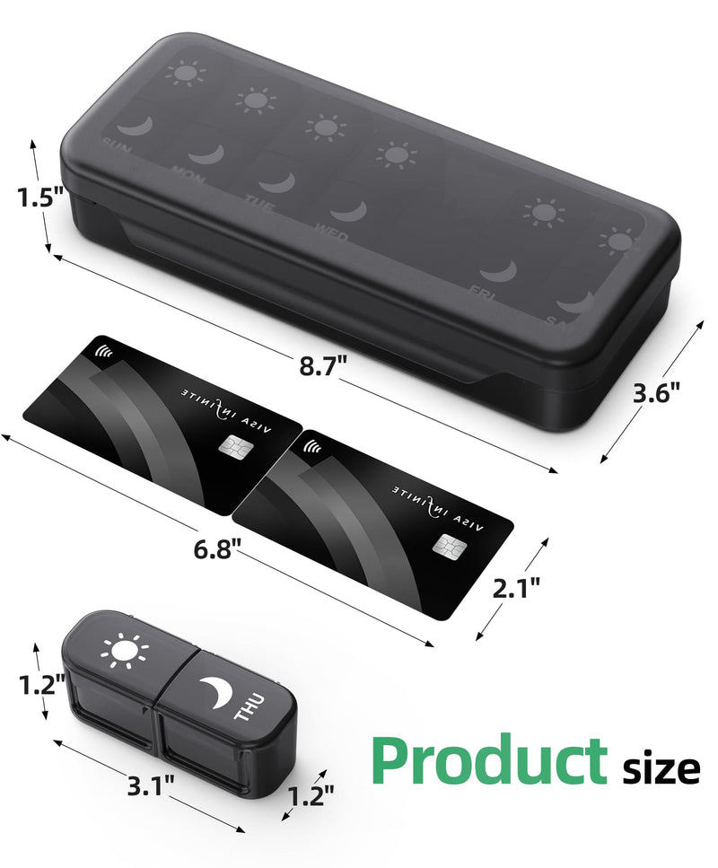 PULIV Light-Proof AM/PM Pill Organizer, Face-Up Labels for Easy Tracking | Portable Pill Organizer 2 Times a day, Pill Box 7 Day, Pill Case for Vitamins, Medication, Supplements and Fish Oils, Black