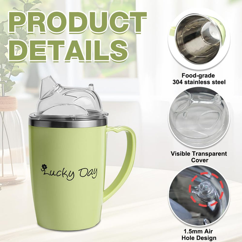 Adult Sippy Cup, 350 ml Adult 3 in 1 Sippy Cup with Lid and Straw, Stainless Steel Drinking Cups for Elderly, Spill Proof Adults Drinking Cup for Elderly, Disabled People, Patients (Green)