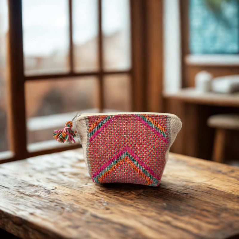 Handmade Makeup Pouches from Peru – Boho Chic Cosmetic Bag with Zipper, Cute Beauty Pouch for Purse Bag Organizer or Travel Essentials (Pyramid, White - Pink) Pyramid